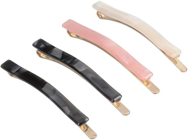 DESSANGE – Set of 4 Flat Hair Clips – Black Pink White – Elegant Discreet Barrette – Design Hair Accessories – Gold and Pearlescent Finish