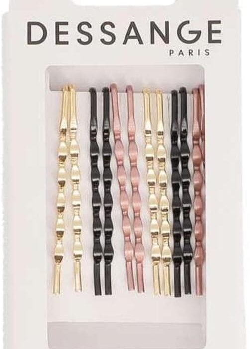 DESSANGE – Set of 12 Flat Hair Clips – 3 Colours – Gold – Black – Metallic Pink – Hair Clip – Hair Accessory