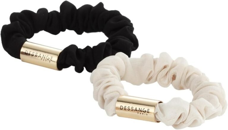 DESSANGE – Set of 2 Hair Elastics – Satin – 2 Colours – Black and White – Soft and Light – Metal Insert – Hair Accessories