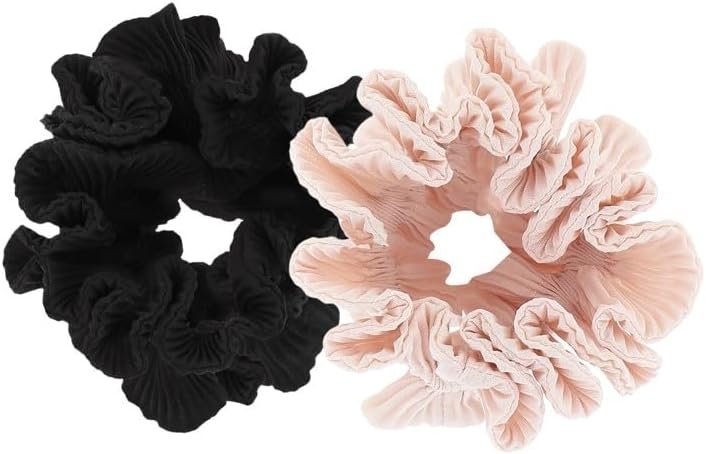 DESSANGE – 2 Pink and Black Pleated Scrunchies – Hair Accessories – Lightweight and Pleated Fabrics – Optimal Comfort – Fashion Accessories – Original Hair Scrunchies