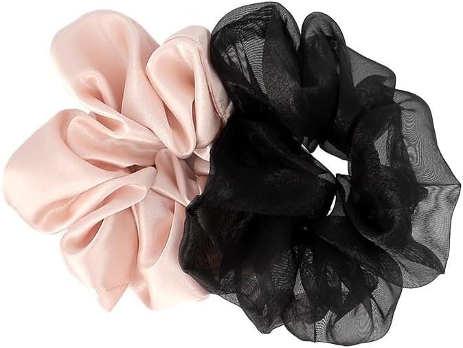 DESSANGE – 2 Textured Fabric Scrunchies – Satin and Organza Scrunchie – Pink and Black – Soft Hair Scrunchies – Hair Accessories – Trendy Scrunchie
