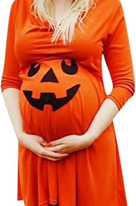 Generisch Top à bretelles 38 Mode Grossesse Citrouille Femmes Robes Maternité Halloween Mère Vêtements d’allaitement Robe de maternité Robe moulante noire