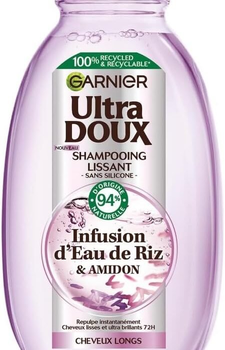 Garnier Ultra Doux – Shampooing Lissant Douceur & Brillance à l’Infusion d’Eau de Riz – Cheveux Rebelles et Indisciplinés – 250 ml