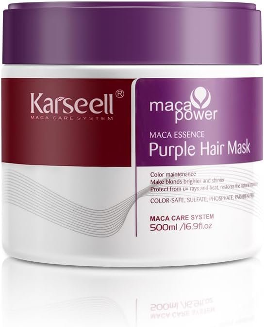 Karseell Violet Masque Cheveux Neutralise Les Reflets Jaunes, Répare Les Cheveux Abîmés, pour Cheveux Blonds, Platine, Blancs Ou Gris, 500ml