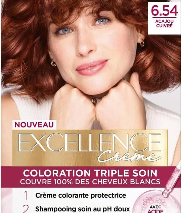 L’ORÉAL PARIS – Triple Care Permanent Hair Colour – Covers 100% of White Hair – Excellence Cream – Shade: Copper Mahogany (6.54)