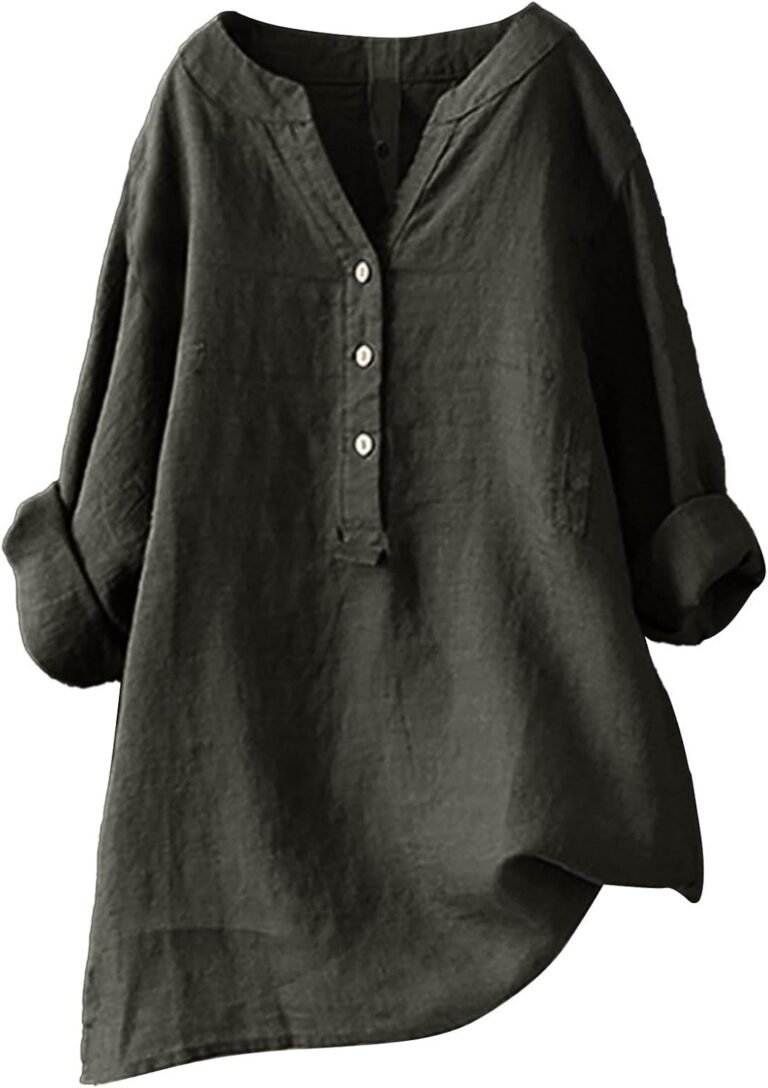 SCBFDI Women’s chic and elegant blouse, linen shirt woman 2024 spring summer chic t-shirt long sleeve v-neck button tshirt solid color loose breathable cotton linen tunic large size cheap top