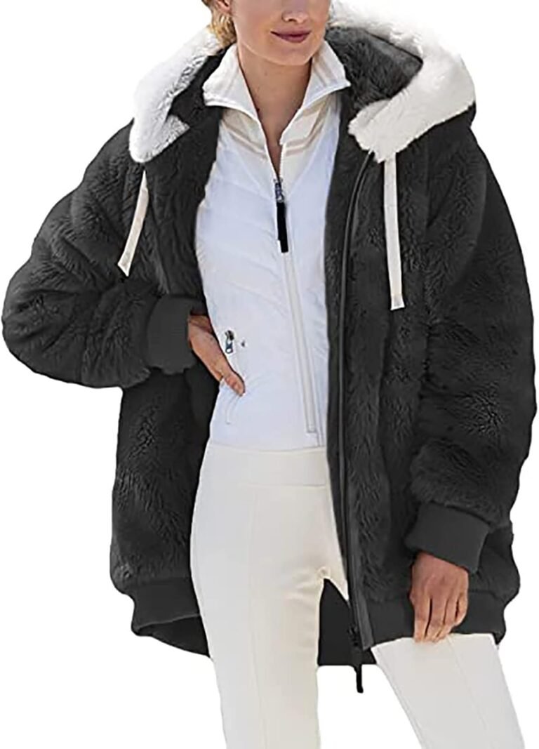 Women’s Fleece Jacket Warm Hoodies Hooded Coat with Zip Thick Wool Jackets Fur Hooded Coat Long Sleeve Cardigan Casual Color Block Fashion Winter Outerwear