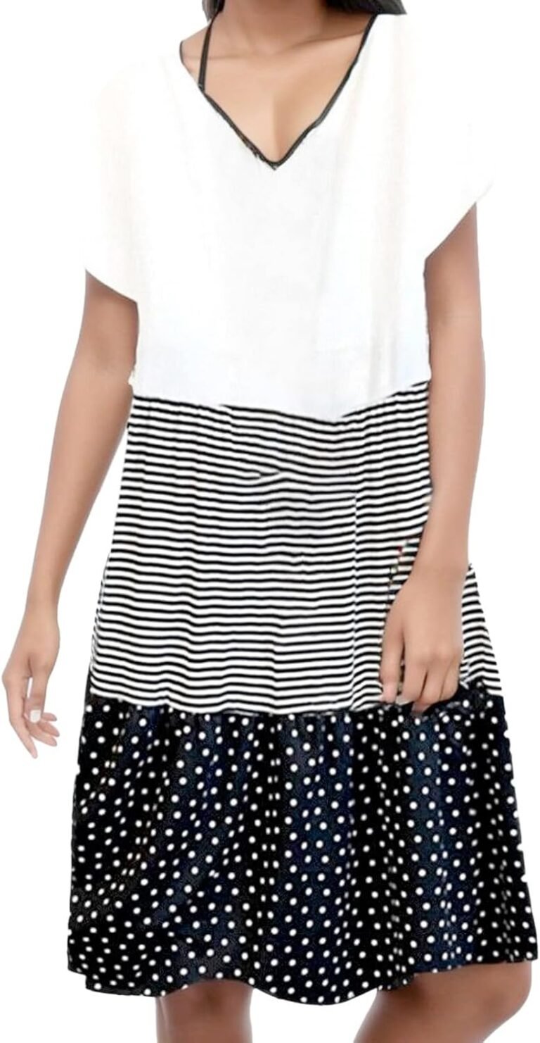 Generisch Robe fourreau noire mode femme décontractée à pois rayures patchwork col en V robe à manches courtes pour mariage femme courte