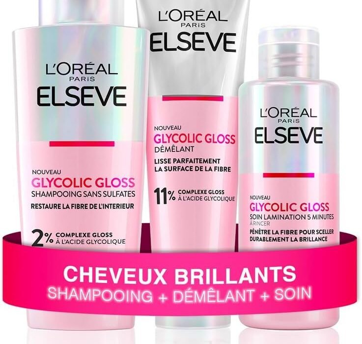 L’Oréal Paris – Routine Capillaire Complète pour Cheveux Ternes -Shampooing + Démêlant + Soin – Formulation Enrichie en Acide Glycolique – Sans Sulfates – Glycolic Gloss