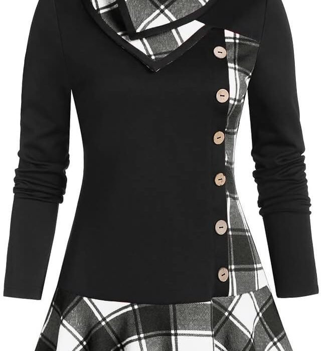 Bijoux Bleu Argent Grande Taille Femmes Mode Bouton Cowl Col Manches Longues Pachwork Pliad Imprimé Tops Body Blouses Femme