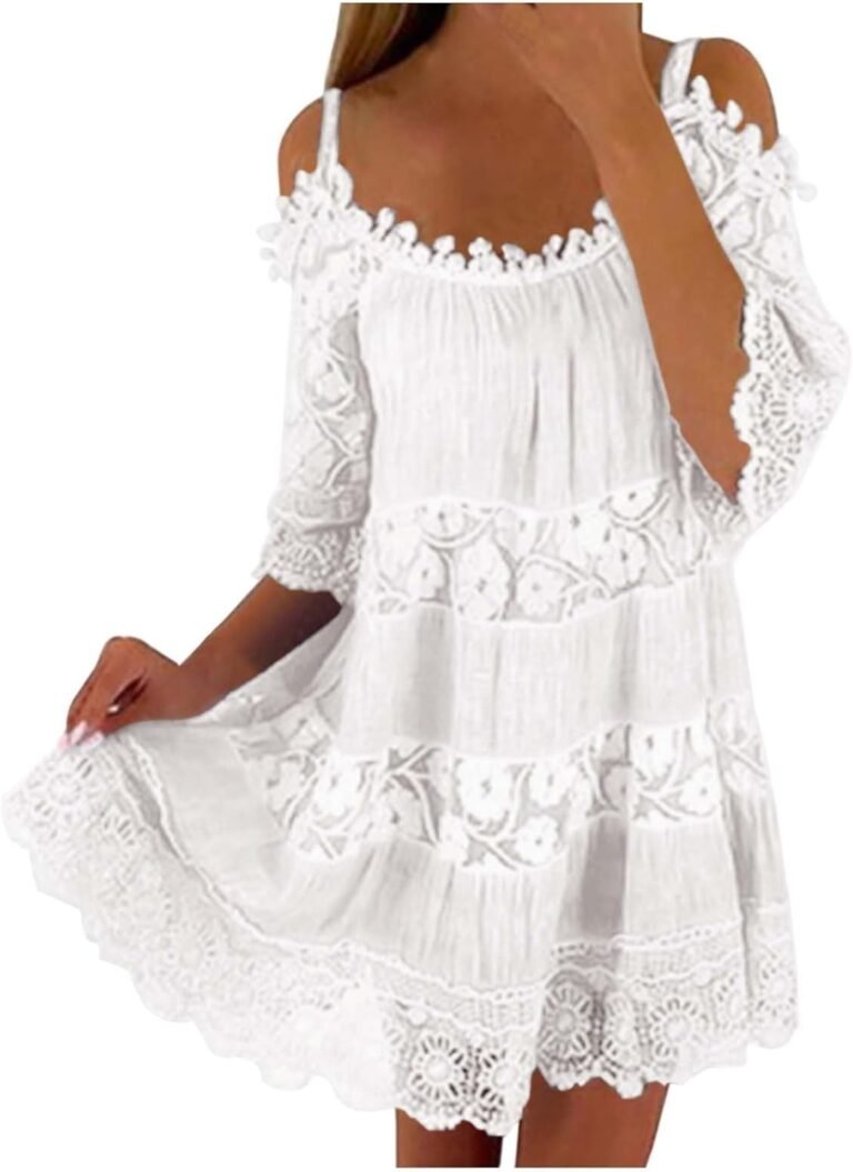 Robe Serrée Femme Élégante Jupe Gâteau à Niveaux Épaules Dénudées Dentelle Manches Flatters Maxi Robe Mode Couleur Unie Robe Ample Robe à Carreaux Rouge Femme