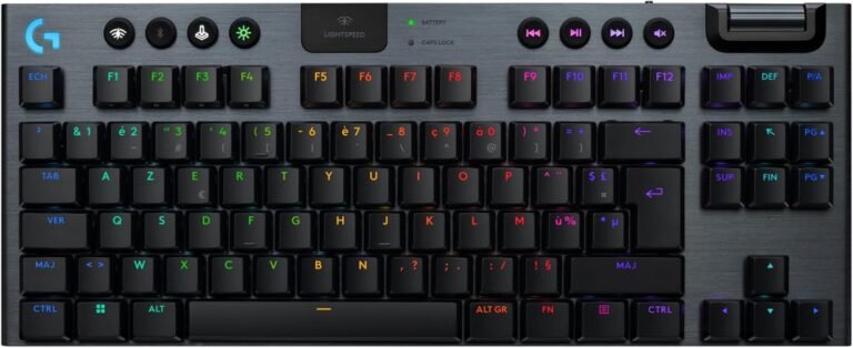 Logitech G G915 X LIGHTSPEED TKL Ultra-Slim Wireless Gaming Keyboard, Dual Layer PBT Keyboards, Fully Programmable Keys, RGB Backlight, GL Red Linear – PC/Mac, FRA AZERTY – Black