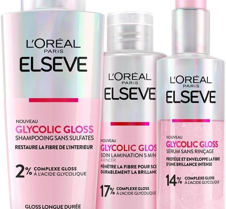 L’Oréal Paris – Protective Hair Routine for Dull Hair – Shampoo + Lamination Care + Serum Without Rinsing – Glycolic Acid – Sulfate Free – Elseve Glycolic Gloss – 3 Products