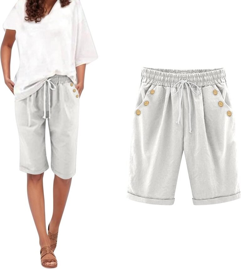 Women’s Summer Sport Cotton Linen Chic Elastic Waist Comfortable Loose Shorts and Bermuda Shorts Dress Large Size for Yoga Gym Dance Running Belly Hiking Jogging Short Pants