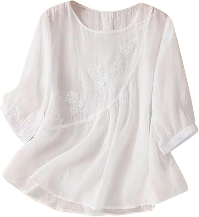 Women’s Cotton and Linen Short Sleeve Blouse Loose Round Neck Tunic Summer Bohemian Folklore Vintage Embroidery Top Tops Loose Breathable T-Shirts Large Size Cheap Tunic Blouse Fashion