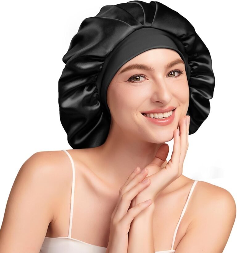 Umisleep 22 Momme 100% Mulberry Silk Lined Night Hair Cap – Double Layer, Large Size for Long or Curly Hair, Adjustable Wide Band, Ultra-Soft, Black+Purple