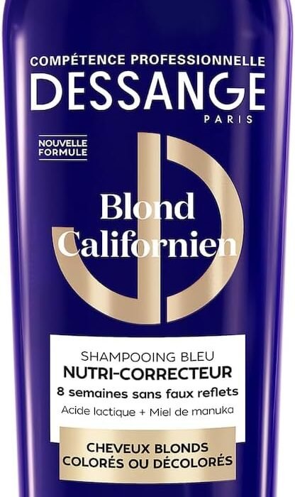 DESSANGE – Blue Nutri-Correcting Shampoo Californian Blonde – Lactic Acid & Manuka Honey – Nourishes & Neutralises Yellow Reflections – Blond, Colored, Bleached Hair – 280ml