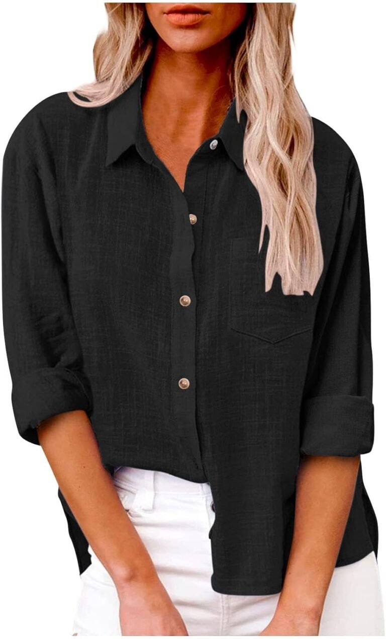 AEGJEGVD Women’s Linen Shirt Long Sleeve Cotton and Linen Blouse V-Neck Button Tops Solid Color Breathable T-Shirts Blouses and Blouses Plus Size Not Casual Tunic Blouse Sale