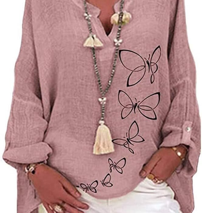 Elegant Women’s Long Sleeve Linen Cotton Shirt V Neck Casual Tops Loose Fit Summer Top Solid Color Tee Shirt Loose Breathable Clothes Cheap