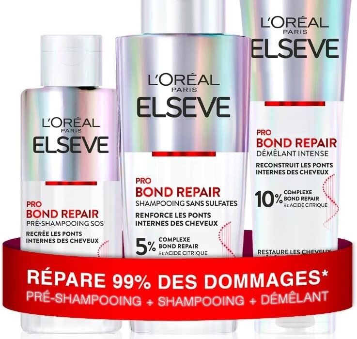 L’Oréal Paris – Repairing Hair Routine for Damaged & Over-Stressed Hair – Pre-Shampoo + Shampoo + Detangler – Citric Acid Complex – Elseve Pro Bond Repair – 3 Products