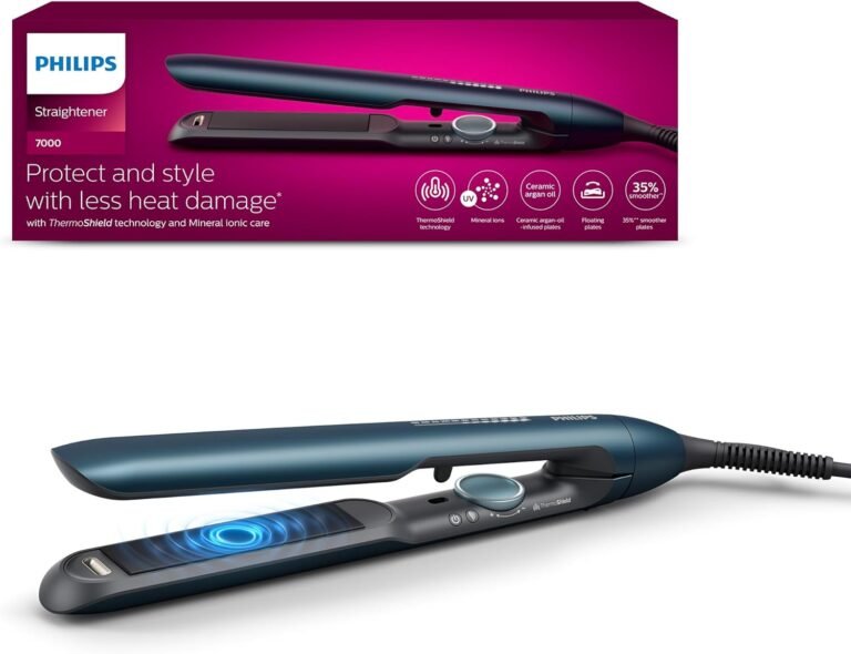 Philips 7000 Series – Lisseur, technologie ThermoShield, ionique, plaques avec revêtement céramique infusé à l’huile d’argan, bleu canard métallisé, modèle BHS732/00