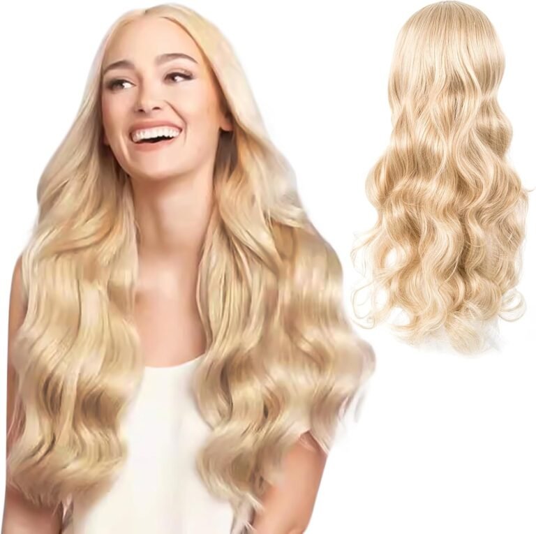 DKDDSSS Longue Perruque Blond Ondulée pour Femmes, 27″/70cm Longs Cheveux Synthétiques Bouclés Perruques Raie Moyenne Blonde, Longue Bouclés Perruque de Cheveux pour Cosplay Tenue Quotidienne