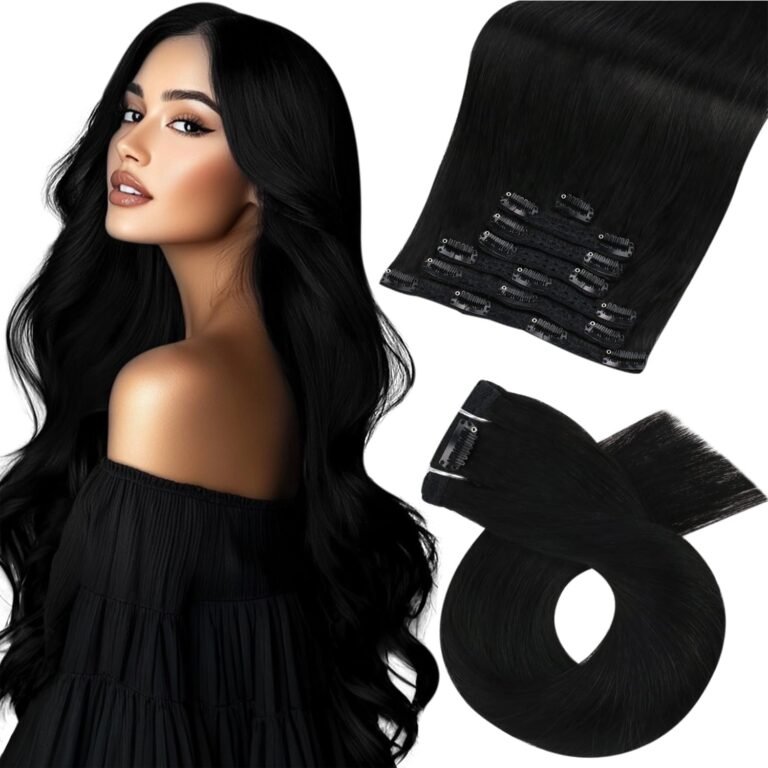 Moresoo Natural Hair Extensions Clip in Natural Black Invisible Human Hair Extensions Straight Remy #1B 60 cm 7 Pieces 120 g