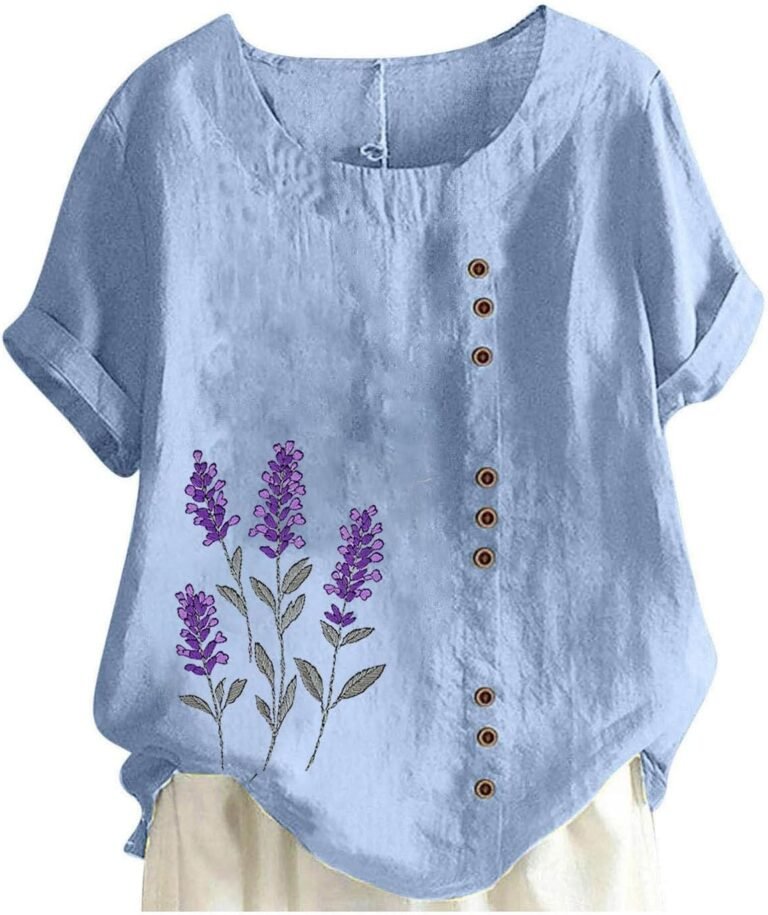 Cotton And Linen Short Sleeve Round Neck Casual Shirt Floral Print Fashion Blouse Women Chic And Elegant Tee Blouses Women Loose Breathable Tops Tunic Plus Size