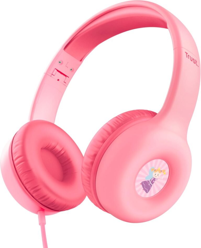 Trust Nouna Casque Filaire Audio pour Enfant 4-10 Ans avec Limite de Volume (85dB), Ecouteurs Filaire Pliable avec Micro et Autocollants, Connexion 3.5mm, Casque pour Switch, Tablette, Musique, Rose