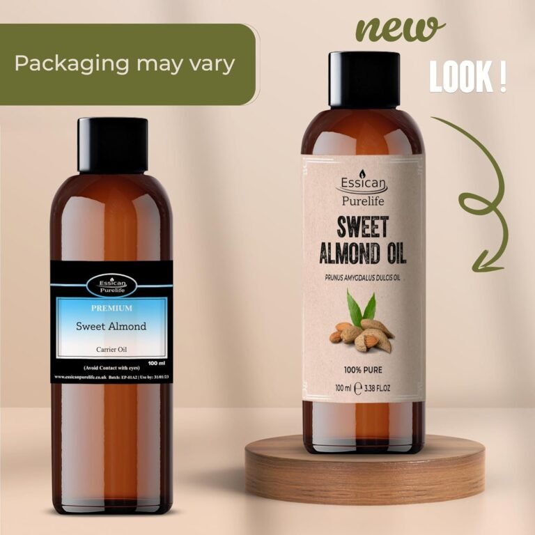Essican Purelife, Cold Pressed Sweet Almond Oil, 100ml, Plant Moisturizing for Skin, Hair, Nails, Body Massage, Aromatherapy, Facial Oil and Essential Oils