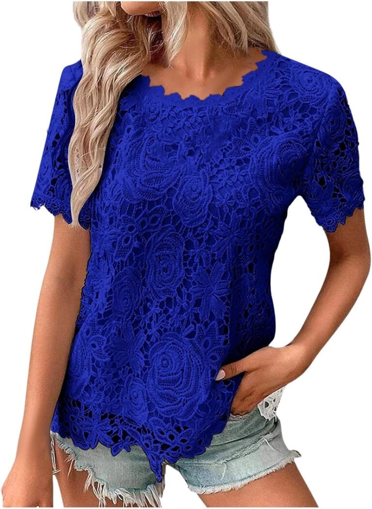 Haut en dentelle pour femme – Crochet – Col rond – Manches courtes – Mode été – T-shirt décontracté – T-shirt à manches mi-longues pour femme
