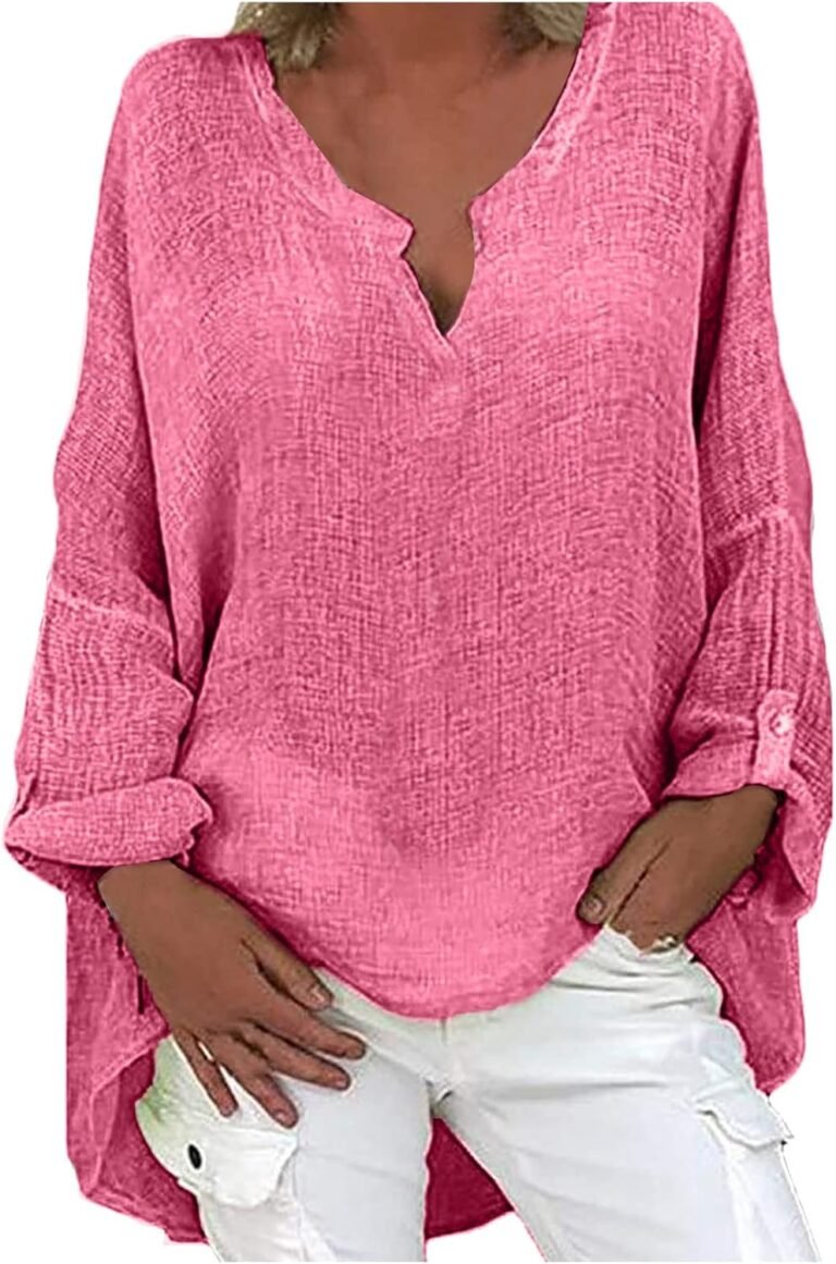 Susenstone Chemisier Femme Lin T-Shirt Manches Longues Oversized Blouse Tunique Casual Col V Couleur Unie Hauts Sexy Mode Chemise Tops Grande Taille Chemise Eté Lâche Respirant Tuniques