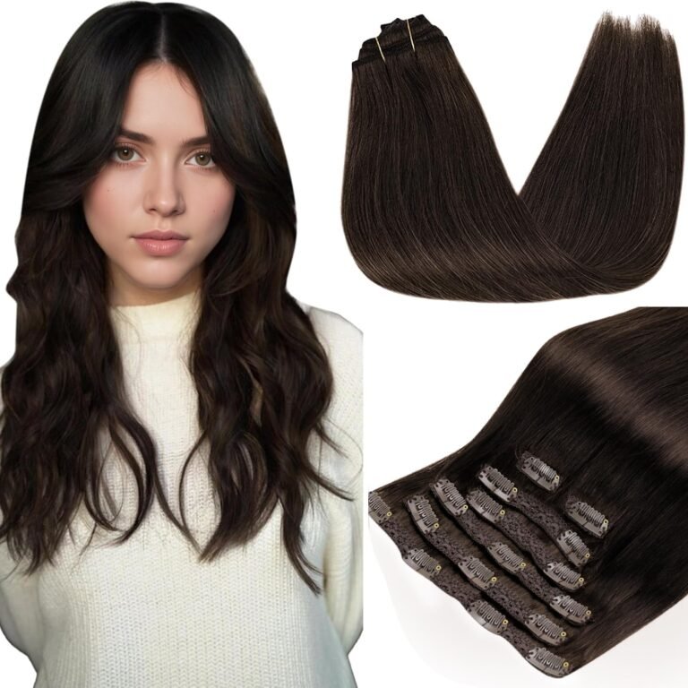 RUNATURE 22 Inches/55 cm Long Natural Clip Human Hair Extensions Natural Dark Brown #2 Double Weft Clip in Human Hair Extensions Smooth Clip in Hair 7pcs/120g