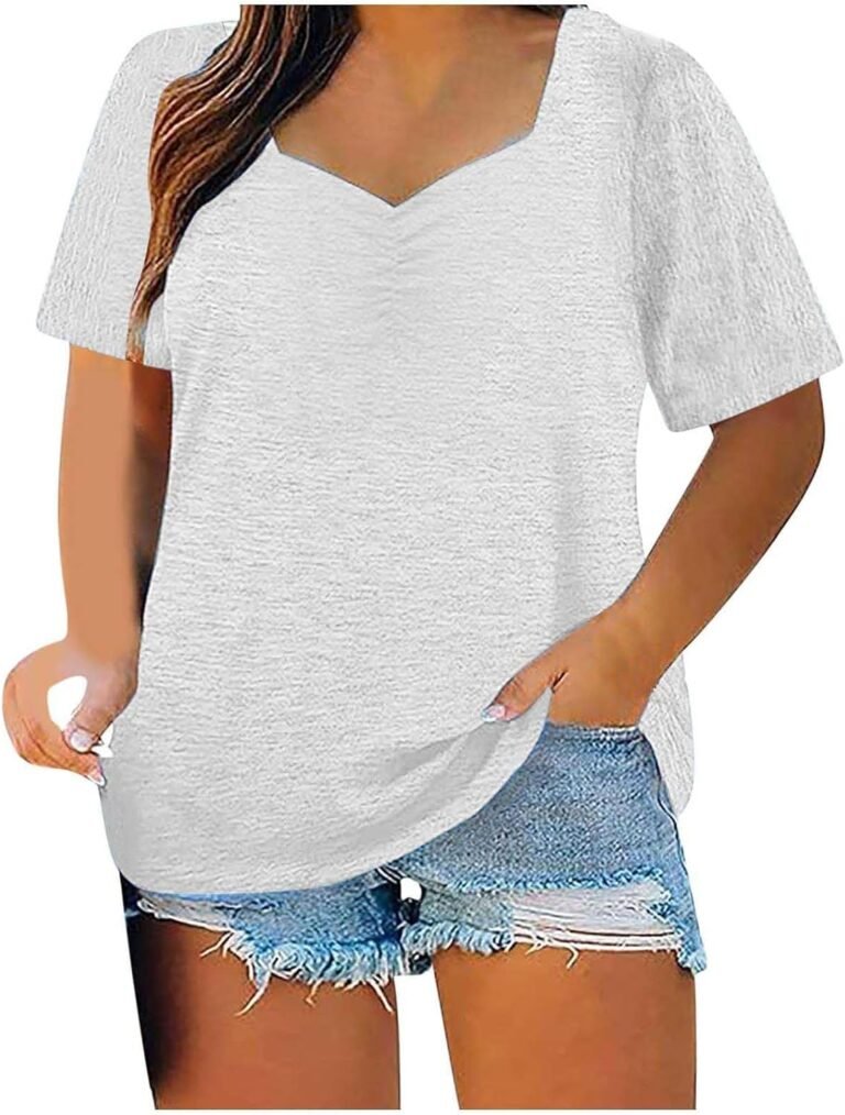 Solid Color Blouse for Women Summer T-Shirts Large Size Short Sleeve V Neck Tee Shirt Loose Breathable Oversized Tops Versatile Casual Loose Fashion Blouse for Daily Outfits