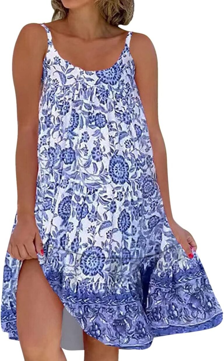 womens dress floral pattern round neck ruffle hem spaghetti straps short sleeveless beach dress casual dress summer dresses for women