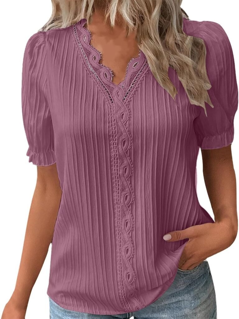 Generisch 2025 – Femmes Été Dentelle Col V Couleur Unie Élégante Chemise Mode Couleur Unie Élégant Chemisier Manches Courtes Confortable Doux T Vêtements de Jardin Femmes, Rose, 4XL