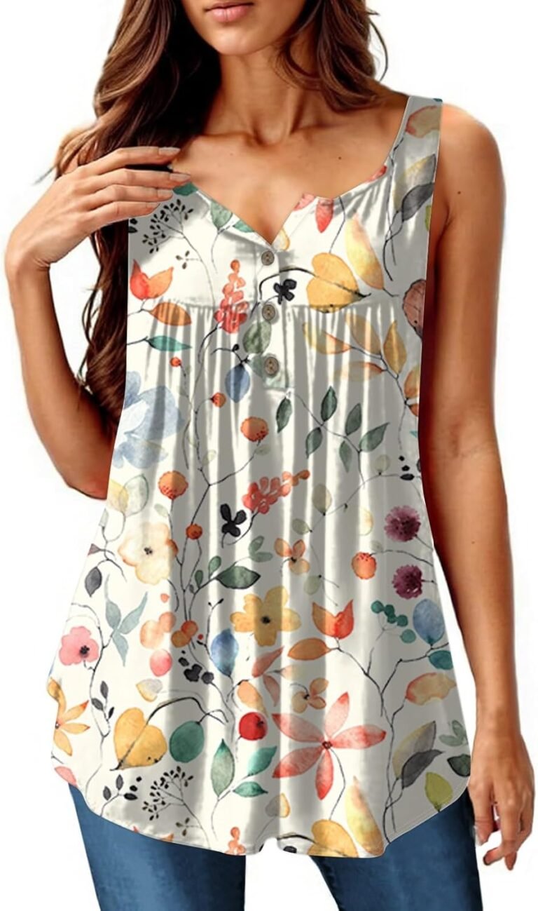 Women’s Polyester Tank Top with Tunic Design Summer Loose Buttons D Tank Top Women’s Classic Sport Elastic V-Neck