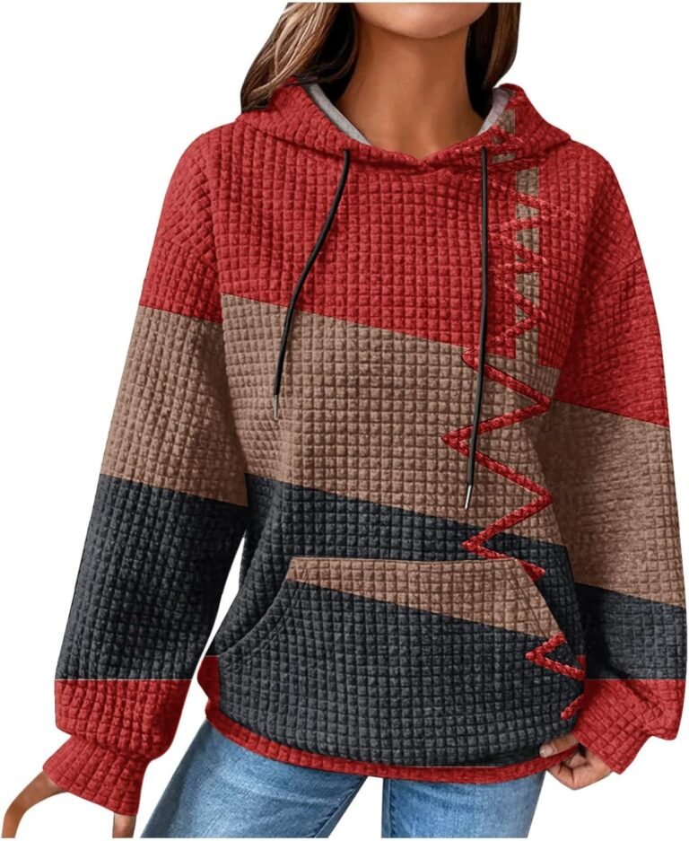 EMATOP women’s cotton hoodies casual long sleeve autumn winter warm vintage colourful print hoodie hoodie top fashion waffle with pockets clothing