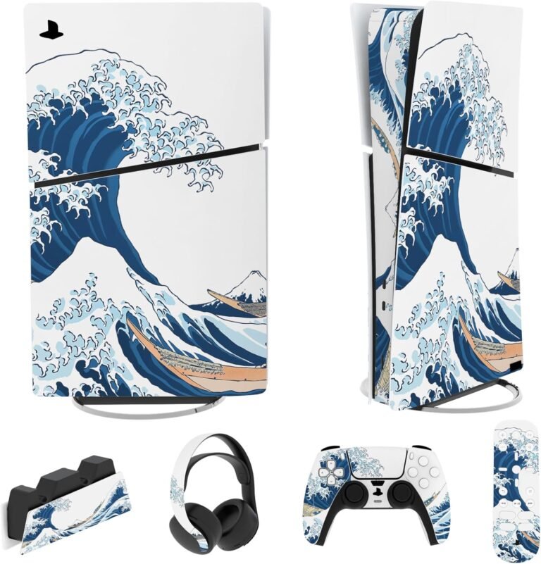 playvital Autocollant Protection pour ps5 Slim Console Accessoires,Sticker Skin pour ps5 Manette & Télécommande & Casque & Station de Charge,Digital Edition-Grande Vague Kanagawa