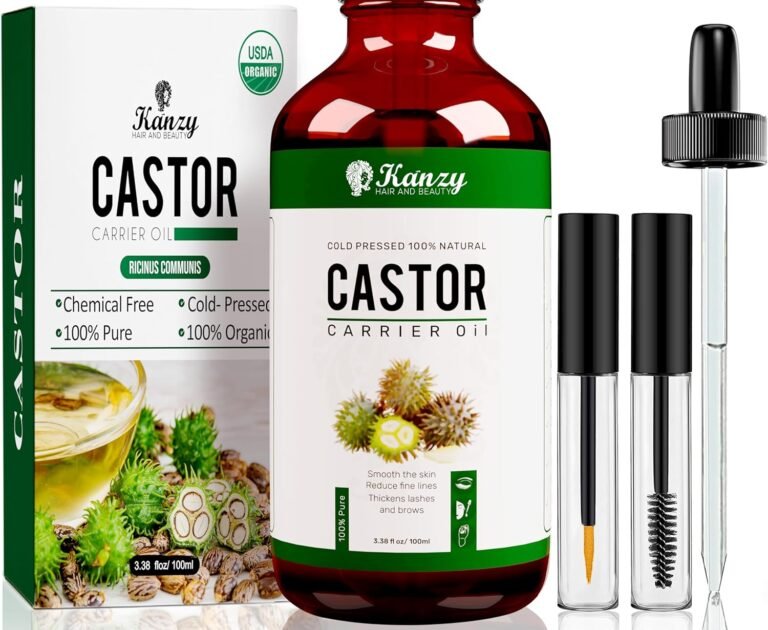 Kanzy Organic Castor Oil, Cold Pressed Pure, 100% Natural Accelerates Care, Strengthens Hair, Beard, Eyelashes, Eyebrows, Nails, Cuticles Growth, Moisturizes Skin and Hair Castor Oil 100 ml