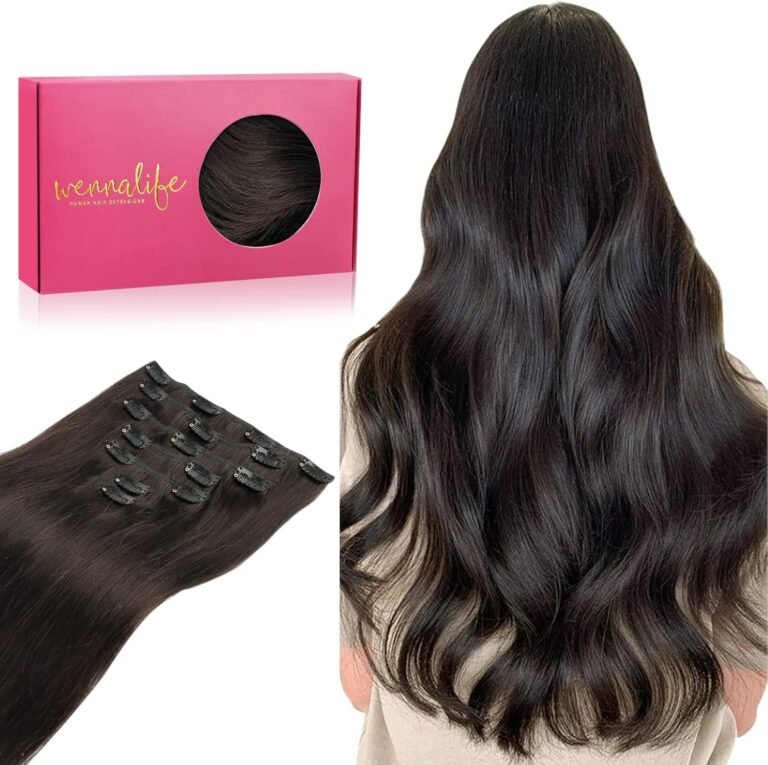 WENNALIFE Clip in Natural Hair Extension, 50 cm 120 g 7 Pieces Natural Hair Extensions Human Hair, Dark Brown Real Hair Extensions
