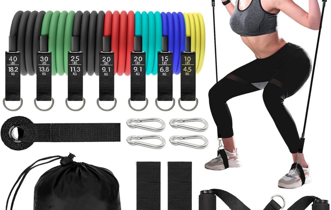 ROELLY Ensemble de 7 Pièces de Elastique Musculation,6 Niveaux de Elastique Sport, Comprenant des Boucles de Porte,des Poignées,et Smart Workout, Équipées de Tiges de Pilates, pour Le Fitness, Le Yoga
