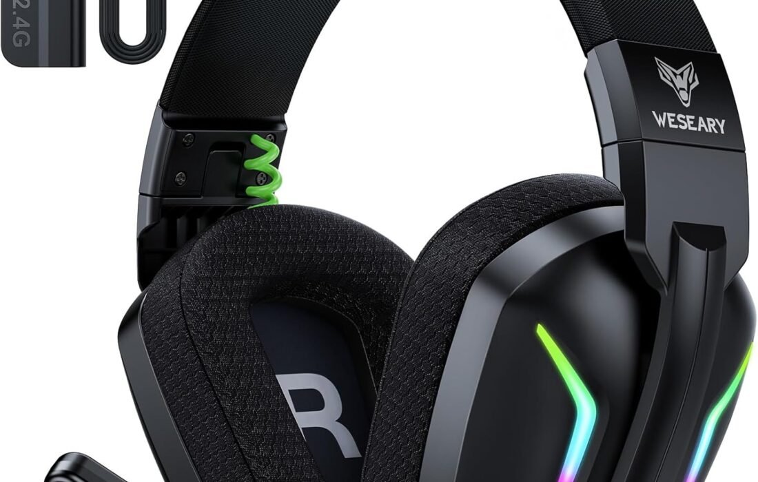 WG1 Wireless Gaming Headset, 2.4GHz Wireless Bluetooth Headset with Mic for PS5, PS4, PC, Switch, Mac, Mobile, Foldable Gaming Headset with Stereo Sound and LED Lighting, 50H Battery