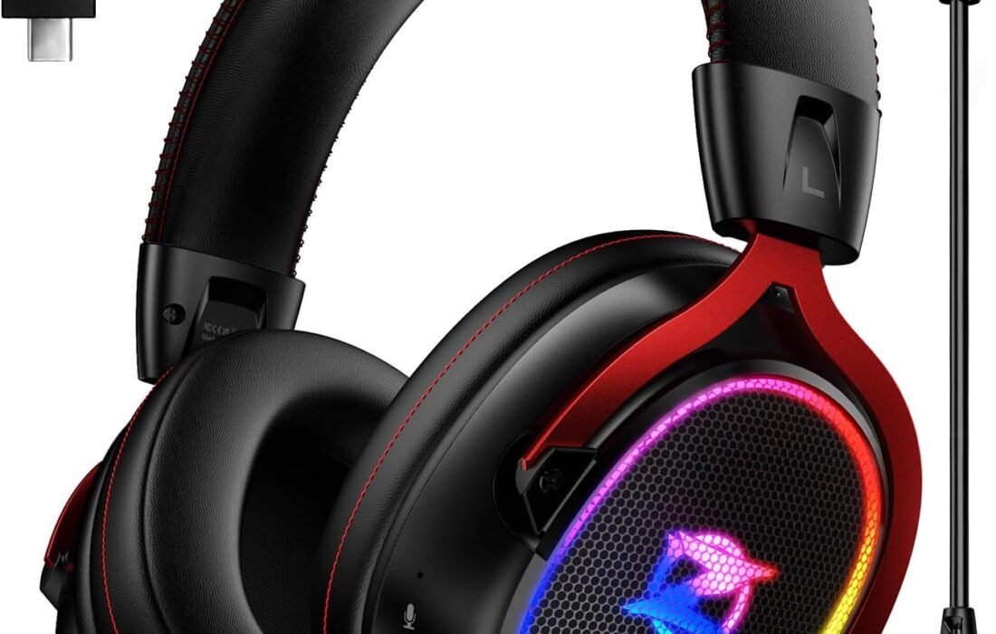 Ozeino OW310 Wireless Gaming Headset for PS5, PS4, PC, 7.1 Surround Sound, Detachable Noise Reduction Microphone, 35H Battery Life, 50mm Speaker, RGB Light, 250g Ultra-Light Headphones, Nior