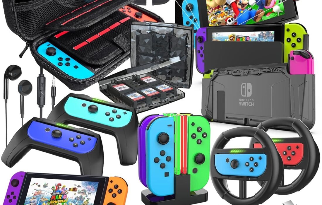 Deruitu Accessories Set Compatible with Nintendo Switch, Kit with Carrying Case, Screen Protector, Compact Game Stand, Game Case, Joystick Cap, Charging Dock, Steering Wheel