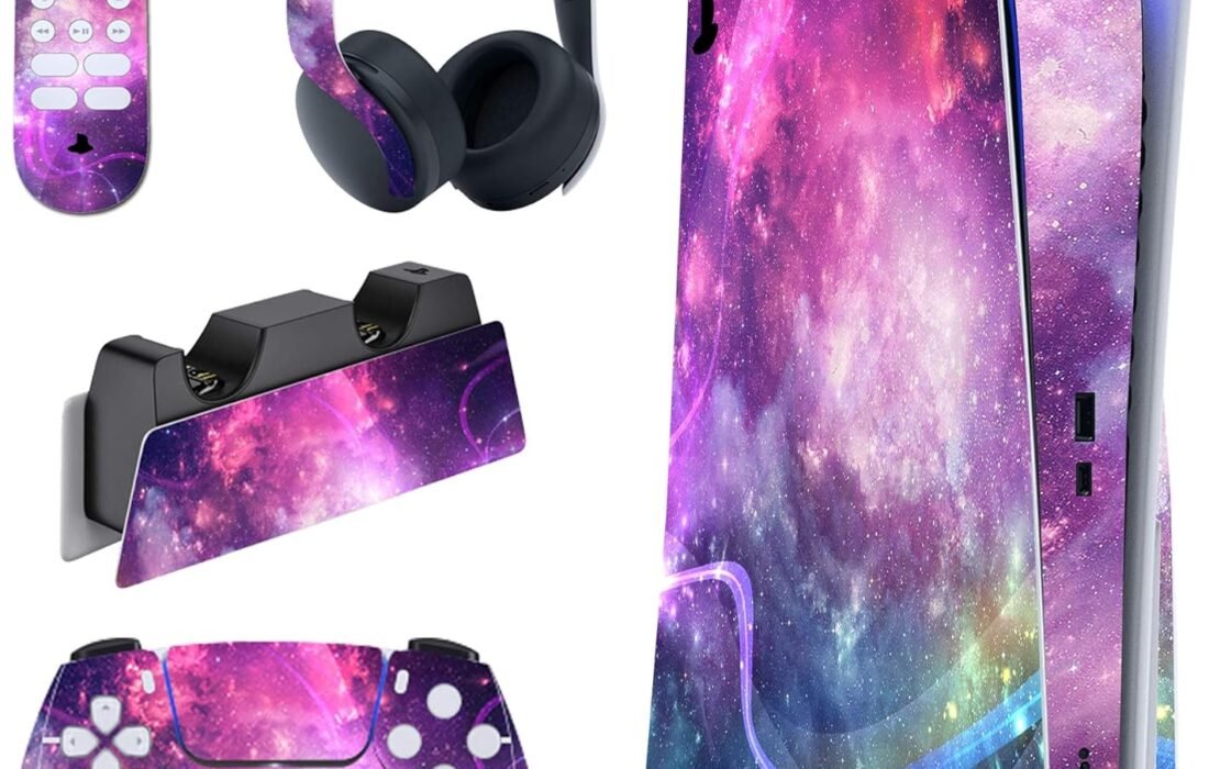 PlayVital Skin Sticker for PS5 Controller, Sticker for PS5 Console Disc Edition & Charging Station & Headphones & Remote Control Galaxy Purple