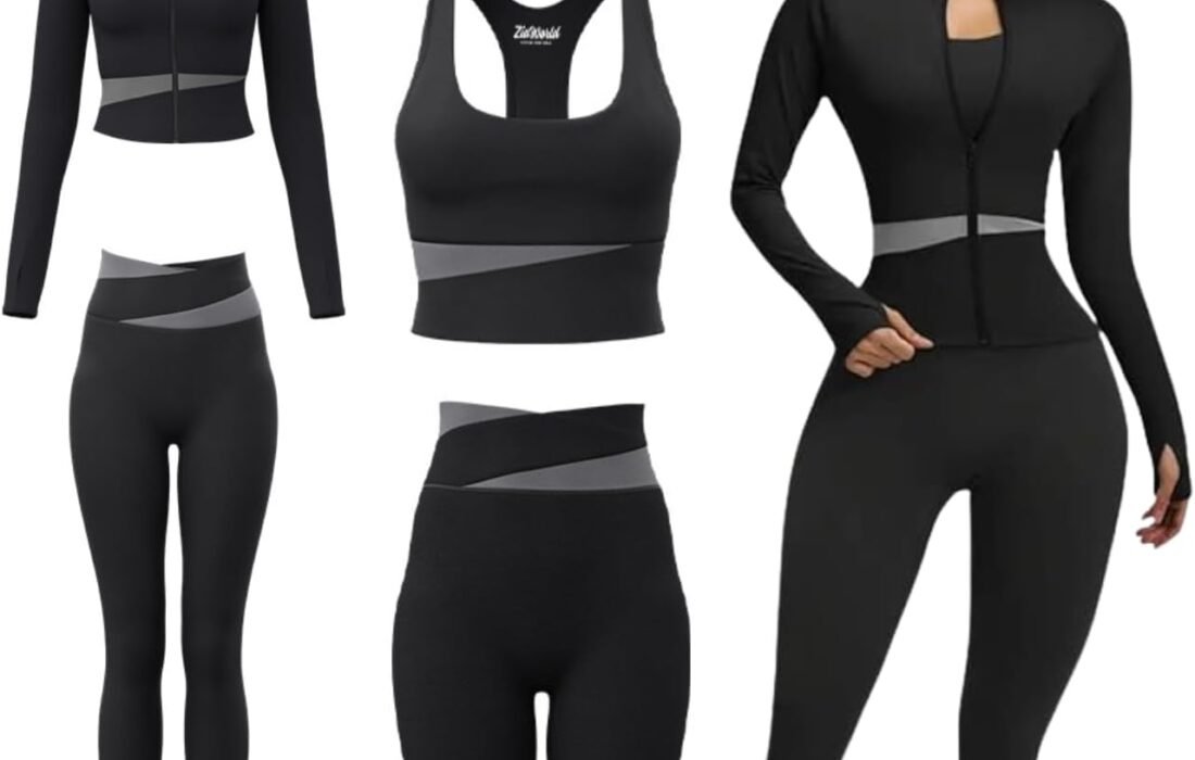 4 Piece Yoga Set for Women with Zipper Long Sleeve Jacket Padded Sports Leggings Running Fitness Seamless Tracksuit