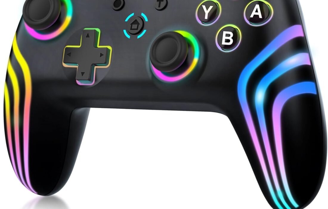 MYSTILUCK Manette Sans Fil Pro pour Switch/Switch 2/Lite/OLED/PC, Contrôleur avec 7 Couleurs d’éclairage RGB Changeantes/Déclencheurs Effect Hall/Double Vibration/Turbo, Joystick Ergonomique et Précis