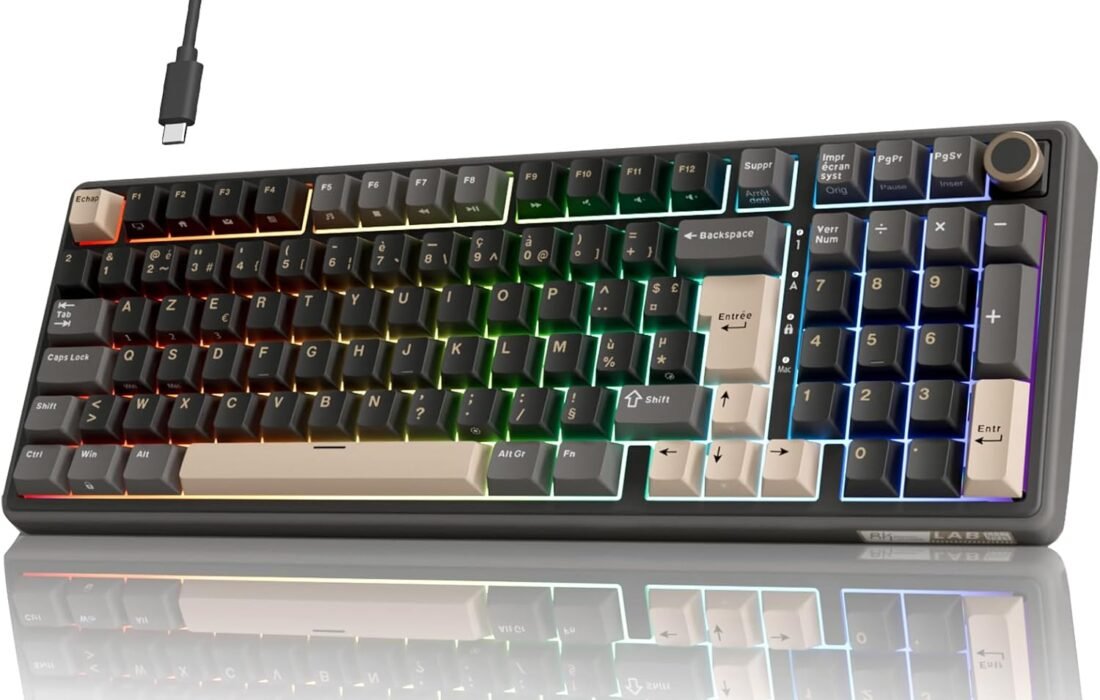 RK ROYAL KLUDGE R98 Pro Wired Mechanical Keyboard, Gamer Keyboard, 96% AZERTY Gaming Keyboard, RGB Backlight, PBT Keys, Gasket Structure, Volume Wheel, Hot Swap Switch Creamy Linear Pre-Lubricated