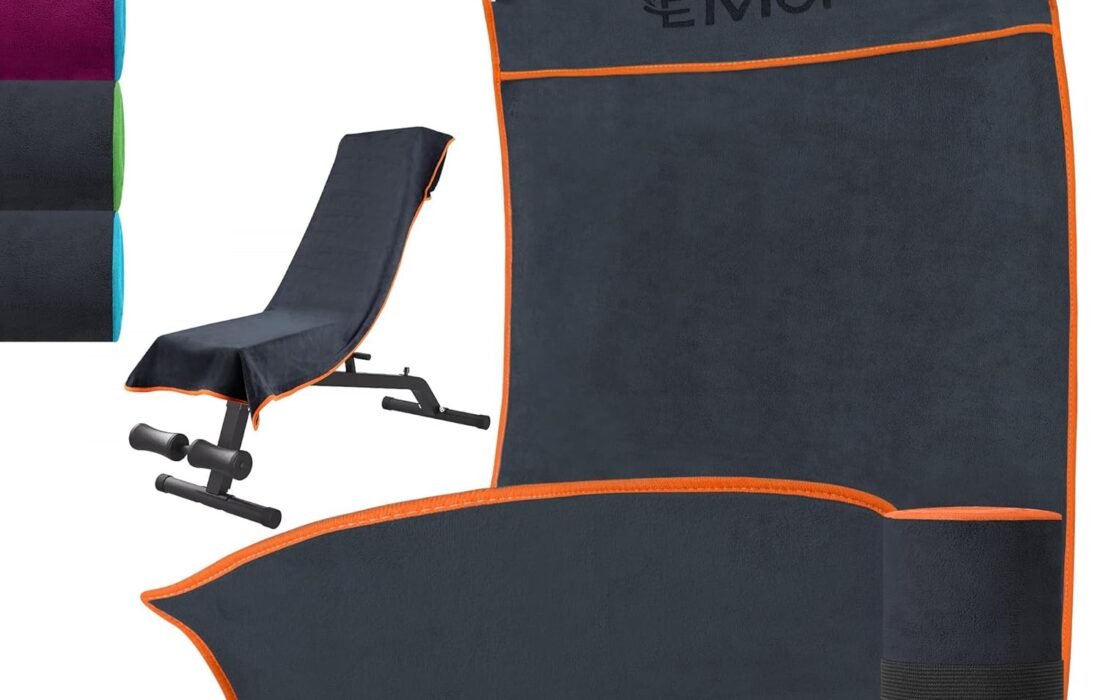 Serviette Sport 120x50cm – Serviettes Musculation Microfibre Antidérapante avec Poche Zippée – Serviette de Fitness pour homme Femmes pour Entraînement, Yoga, Gym, Randonnée (Gris Foncé/Orange)